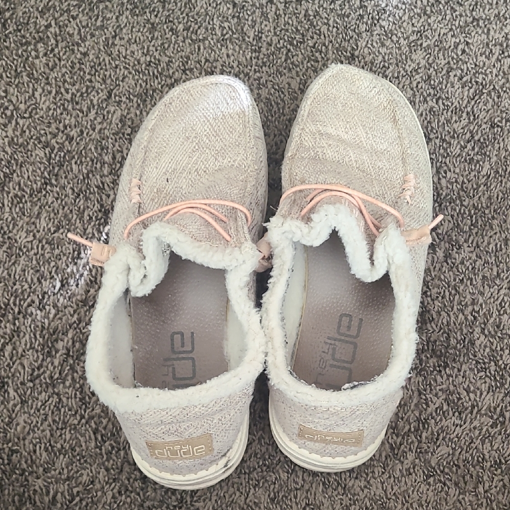 Hey Dude Beige Slip-On Shoes with Pink Accents